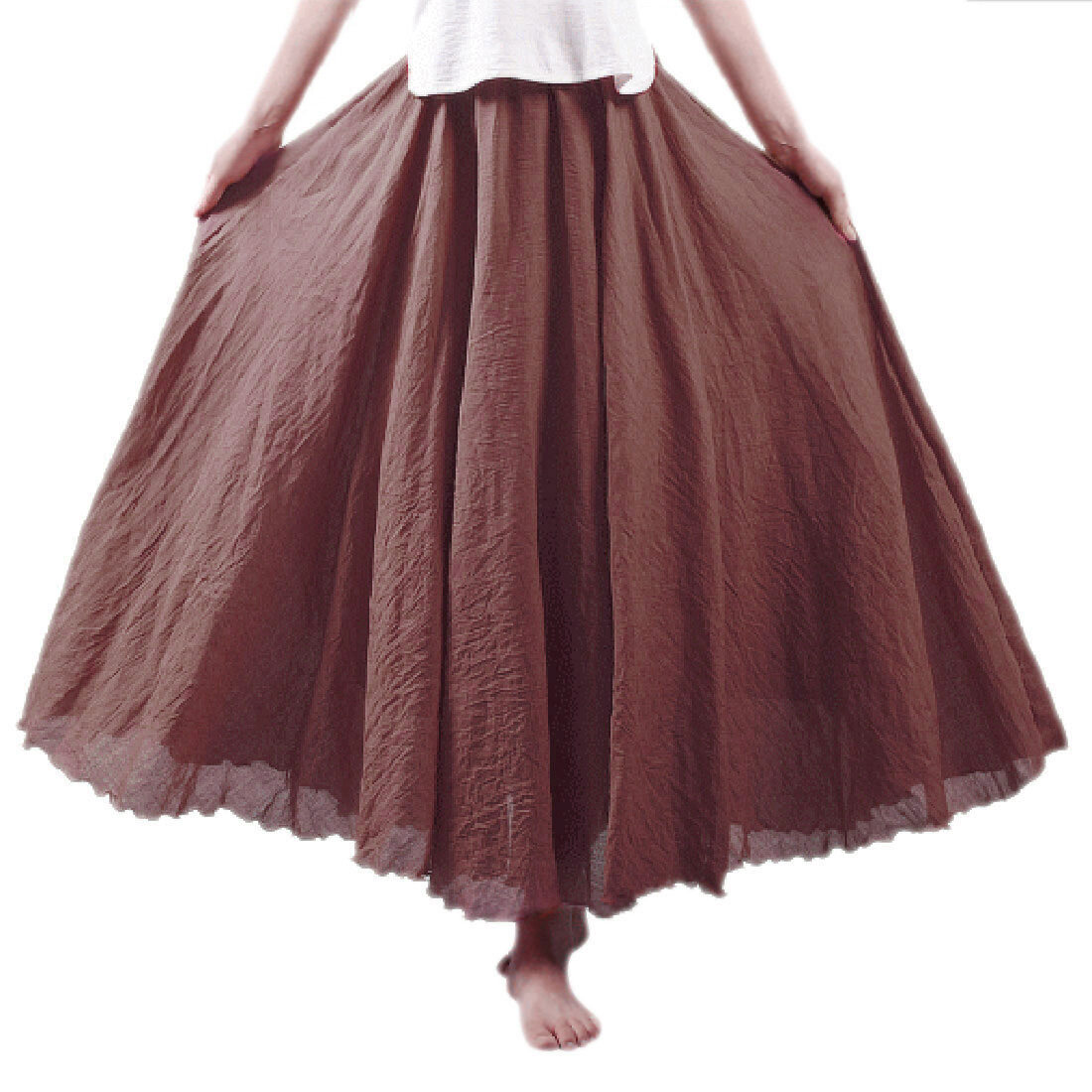 New Women Bohemian Cotton Linen Double Layer Elastic Waist Long Maxi Skirt