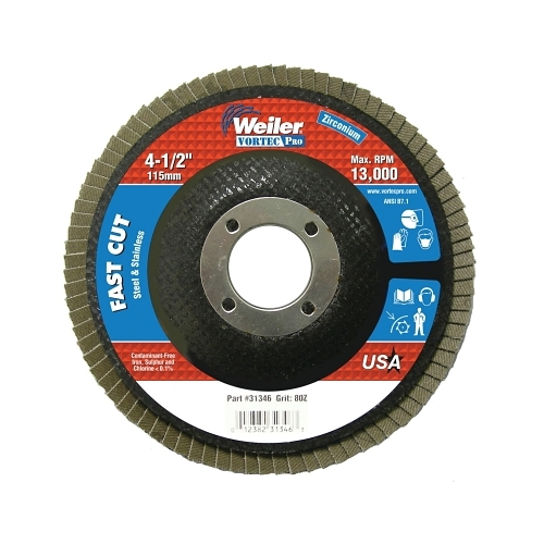 Weiler Vortec Pro Abrasive Flap Disc, 4-1/2 Inches Dia, 80 Grit, 7/8 Arbor, 13000 Rpm, Type 29 - 1 per EA - 31346