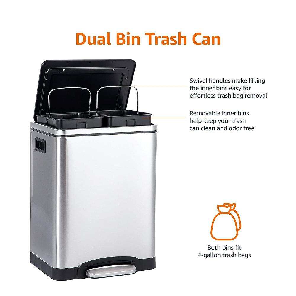 Amazon Open Box AMAZON BASICS Dual Bin 30-Liter Trash Can C-10049FM-30L Brushed Stainless Steel