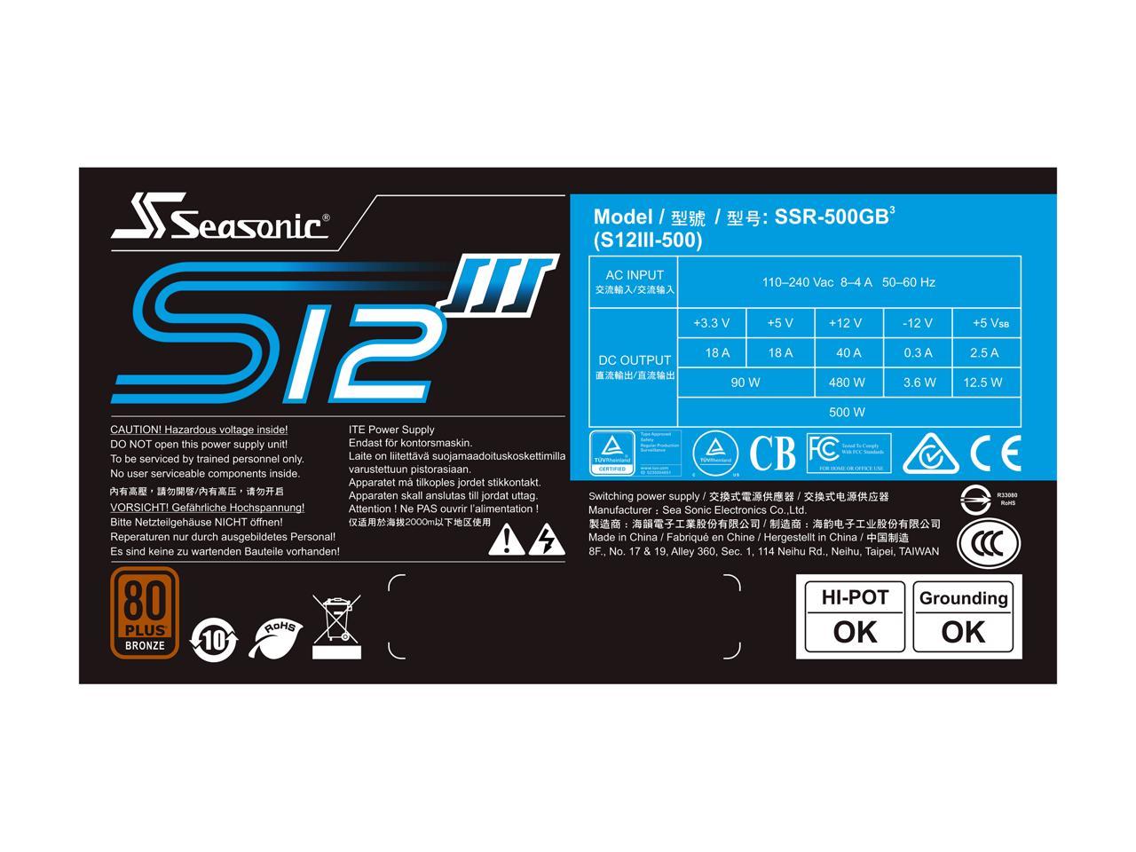 SeaSonic USA Seasonic S12III 500 SSR-500GB3 500W 80+ Bronze Power Supply, ATX12V & EPS12V, Direct Output, Smart & Silent Fan Control, 5 yr