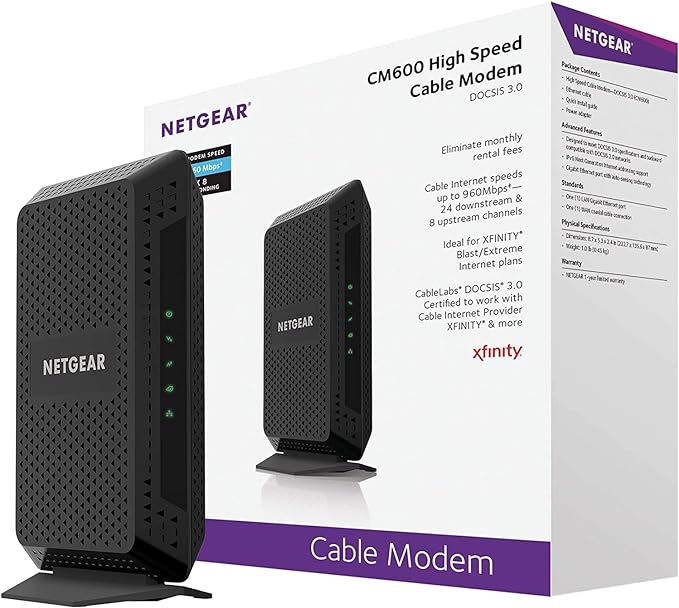 Netgear Open Box NETGEAR Cable Modem CM600 - Compatible Cable Providers Including Xfinity - Black