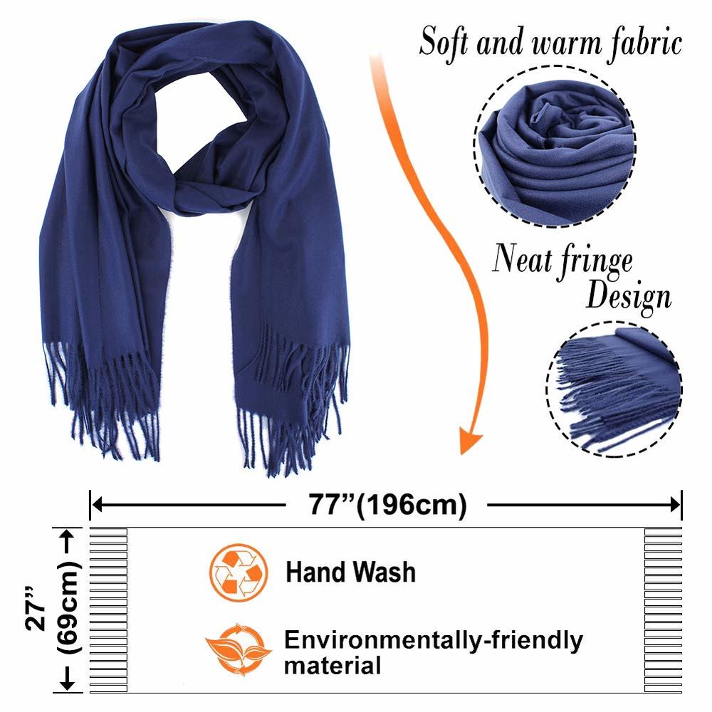 Paskmlna Cashmere Wool Solid Pashmina Shawl Scarf, Cozy For Women And Men  Navy Blue - Large