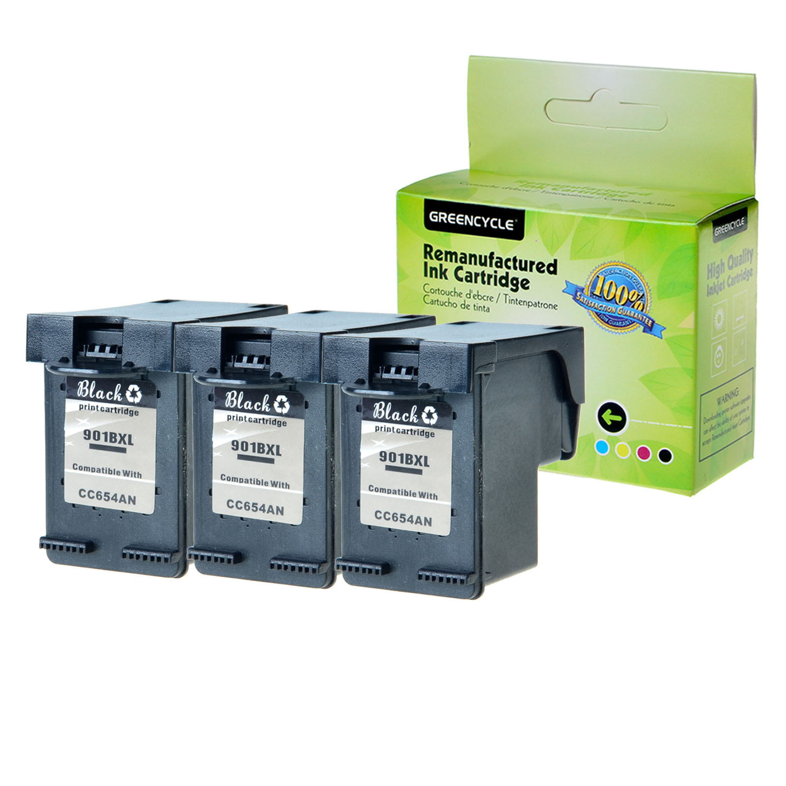 GREENCYCLE 3PK Remanufactured 901XL 901 XL CC654AN Black Ink Cartridge Compatible for HP Officejet G510a J4524 4500 Printer