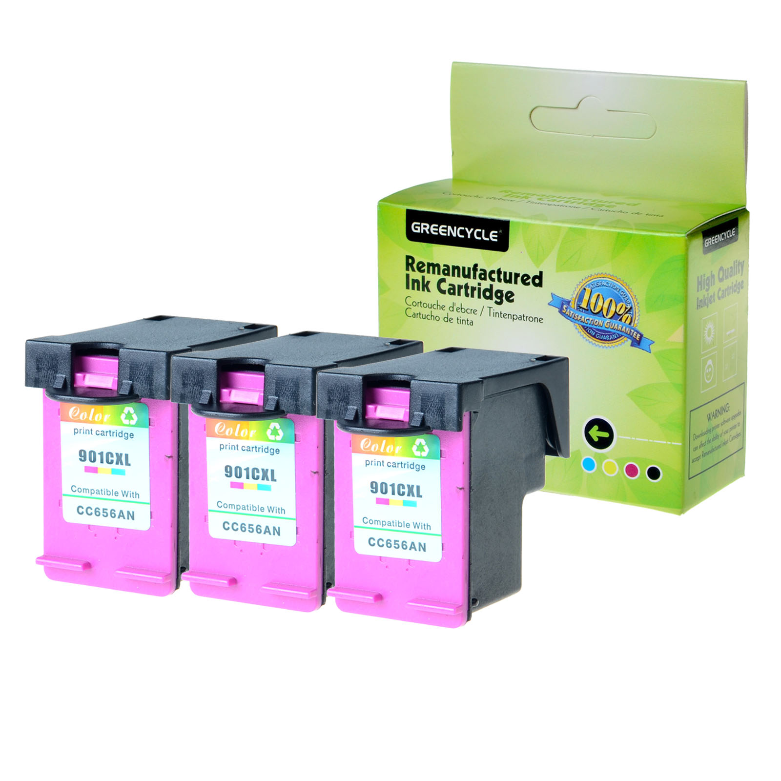 GREENCYCLE 3PK Remanufactured 901XL 901 XL CC656AN Tri-color Ink Cartridge Compatible for HP Officejet G510n J4550 4680 Printer