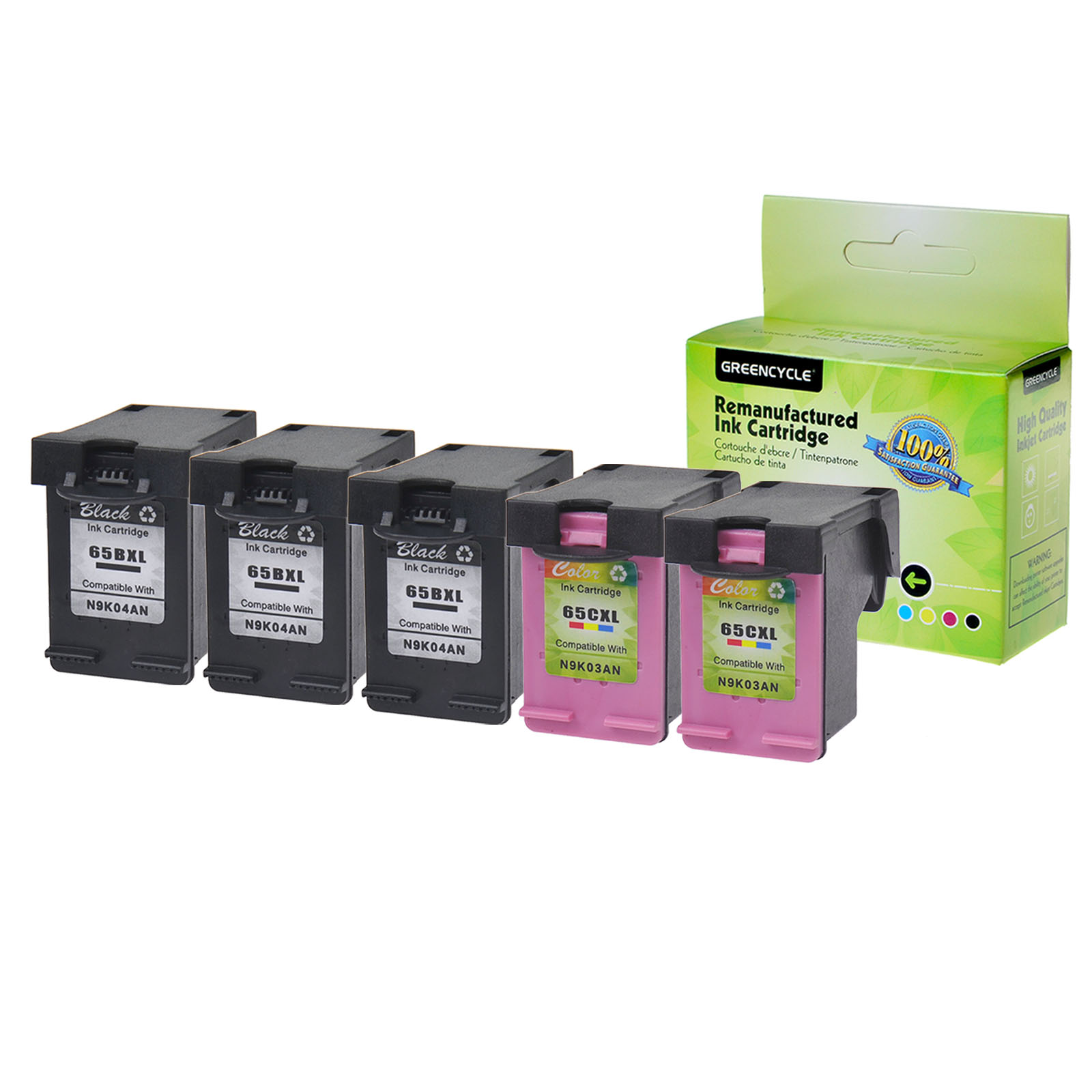 GREENCYCLE 5PK High Yield (3 Black,2 Color) 65XL 65 65 XL Ink Cartridge Compatible HP ENVY 5052 5055 5058 Printers - With Chip