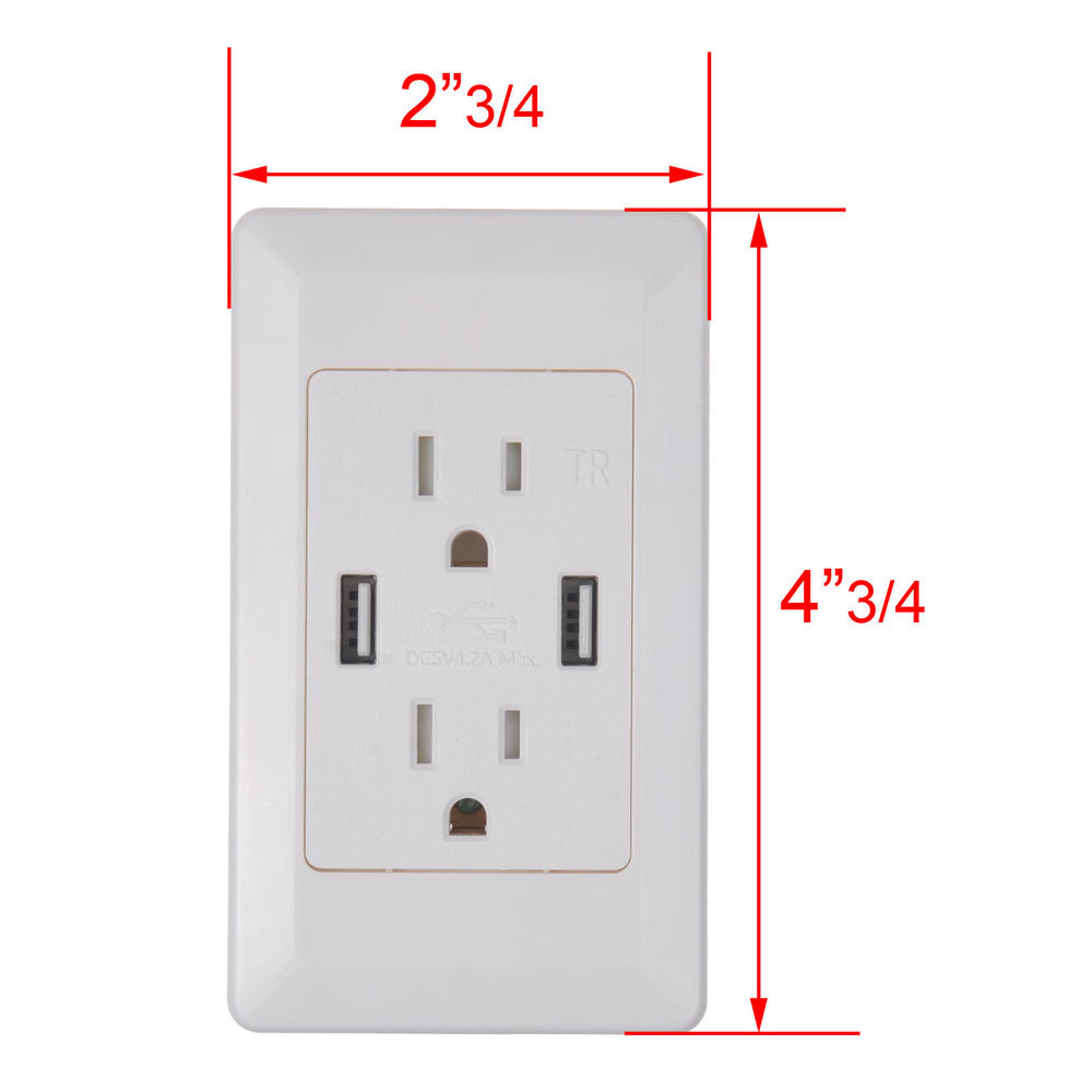 GREENCYCLE 1PK White Dual USB 4.2A Charger Wall Outlet Tamper Resistant Charging Station Socket with 13 Amp Duplex Receptacle
