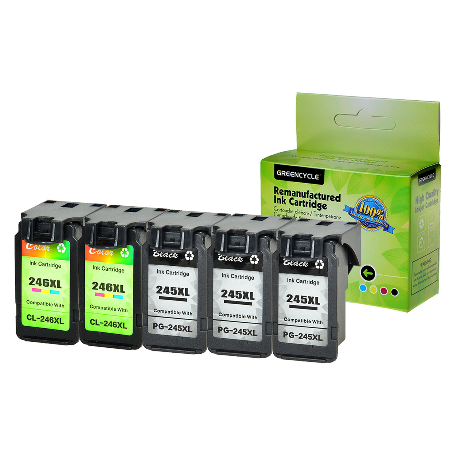 GREENCYCLE Ink Cartridge Remanufactured PG-245XL CL-246XL (3 Black & 2 Color) 5 Pack for Canon PIXMA Printer - Show Ink Level