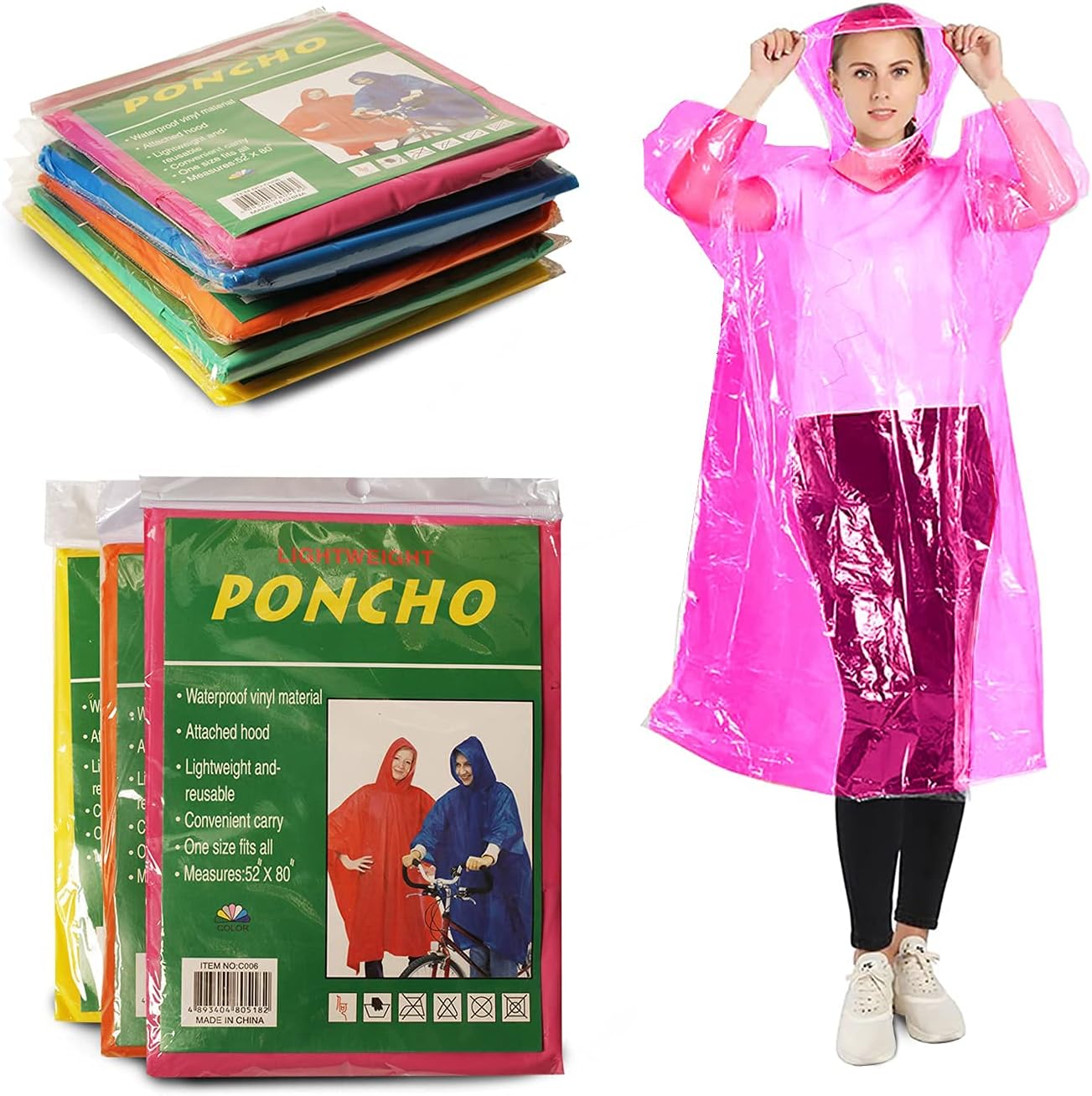 Yacht & Smith Adult Poncho Raincoat, Emergency Raincoats with Hoods, Disposable Rain Ponchos, Bulk Wholesale (120 Pack Assorted)