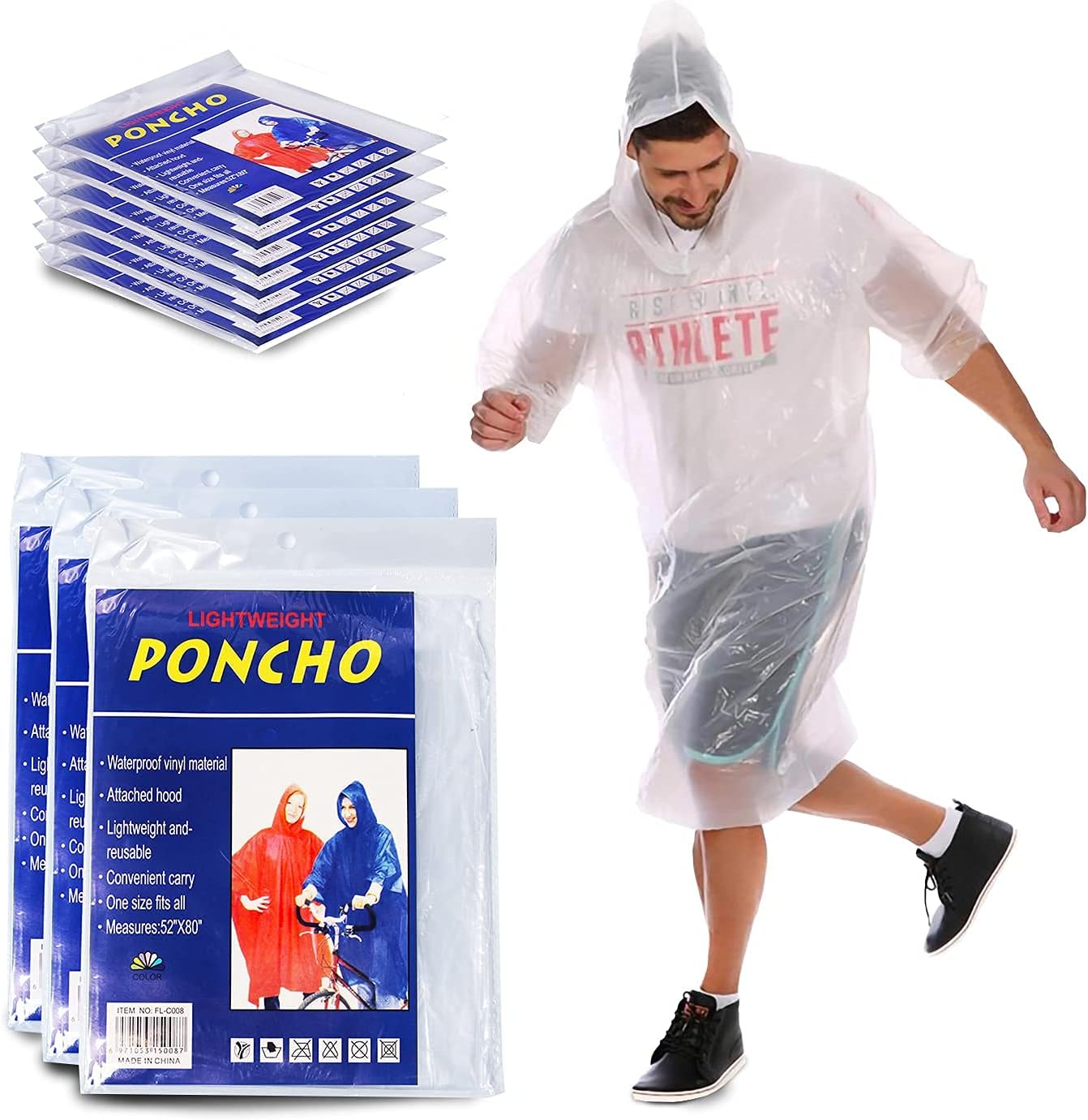 Yacht & Smith Adult Poncho Raincoat, Emergency Raincoats with Hoods, Disposable Rain Ponchos, Bulk Wholesale (72 Pack Clear)