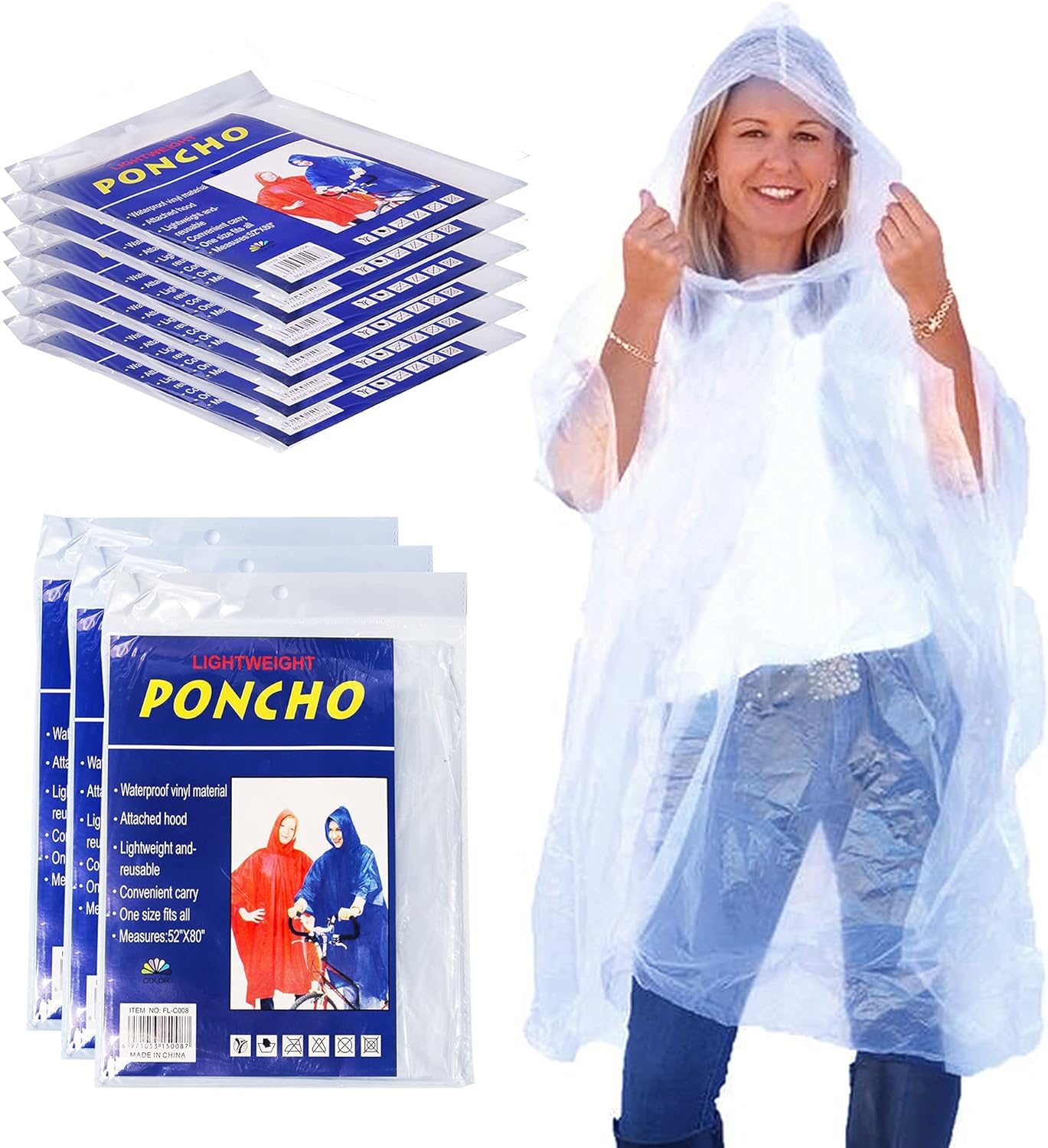 Yacht & Smith Adult Poncho Raincoat, Emergency Raincoats with Hoods, Disposable Rain Ponchos, Bulk Wholesale (72 Pack Clear)