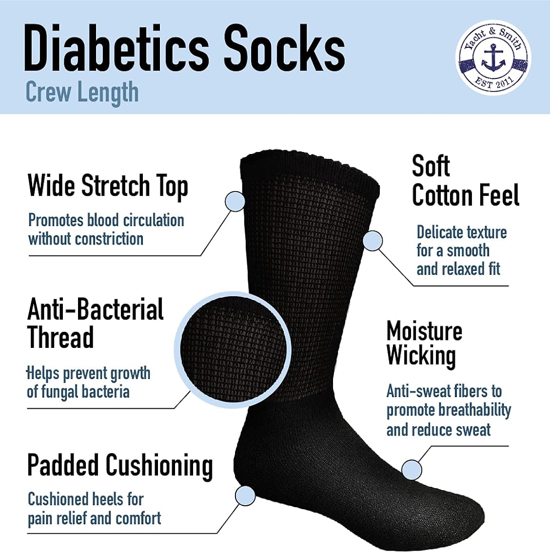 Yacht&Smith Yacht & Smith King Size Cotton Diabetic Crew & Ankle Socks, Big & Tall Mens Diabetes Sock, Bulk Value Pack