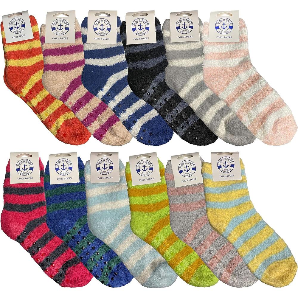 Yacht & Smith Womens Fuzzy Gripper Non Skid Socks, Grippy Sock, Soft, Furry Ladies Grip Socks Bulk (Striped Color)