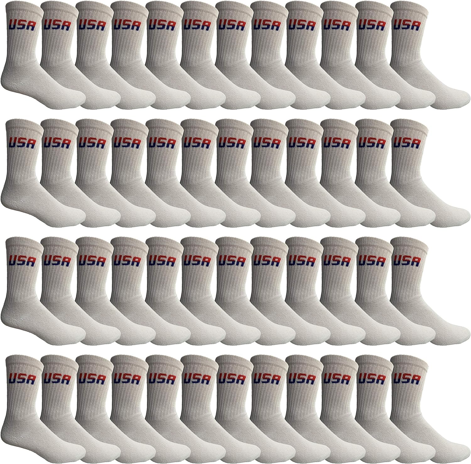 Yacht & Smith Mens & Womens Wholesale Bulk Sports Crew,Athletic Case Pack Socks(48 Pairs White USA,Mens 10-13 (Shoe Size 7-12))