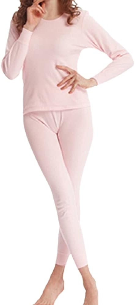 BILLIONHATS 2pc Thermal Sets for Woman, Base Layer Long Johns Underwear, Top & Bottom, Cotton, Solid Colors (18 PACK PINK, Large)