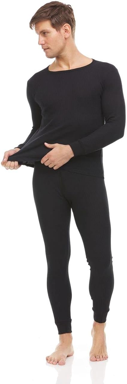 BILLIONHATS 3 Pack of 2pc Thermal Sets for Men, Base Layer Long Johns Underwear, Top & Bottom, Cotton, Solid Colors (X-Large, Black)