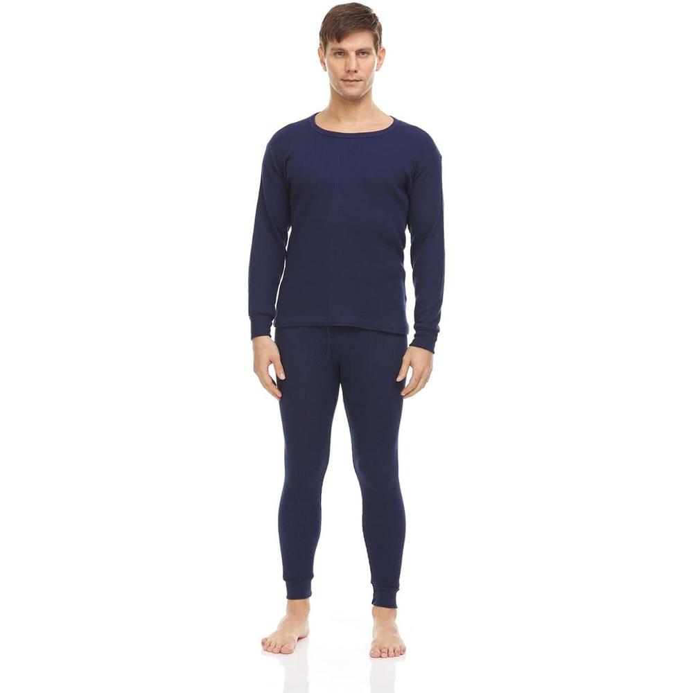 BILLIONHATS 3 Pack of 2pc Thermal Sets for Men, Base Layer Long Johns Underwear, Top & Bottom, Cotton, Solid Colors (Large, Navy Blue)
