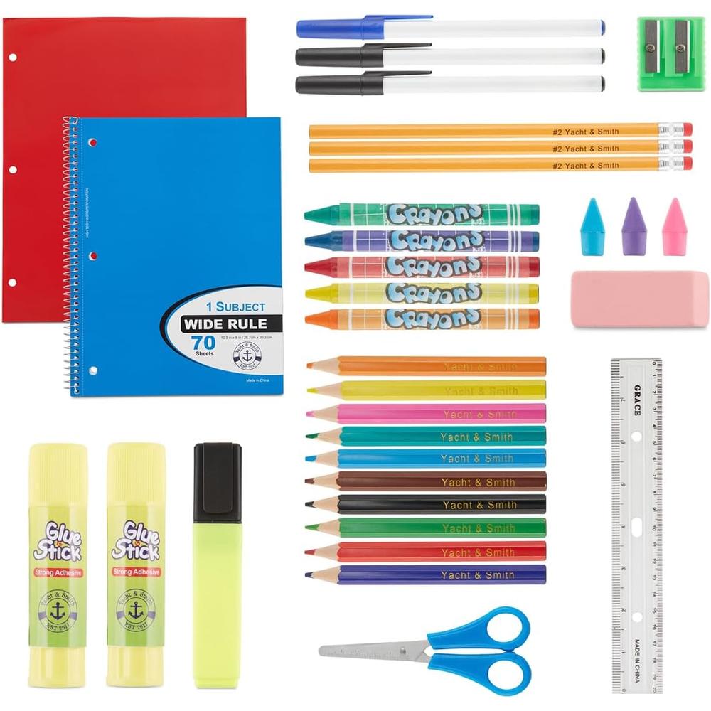 Yacht & Smith 33 Piece School Supplies Kit for School Children – Back to School Kids Essential Bundle Supply Pack for Girls & Boys