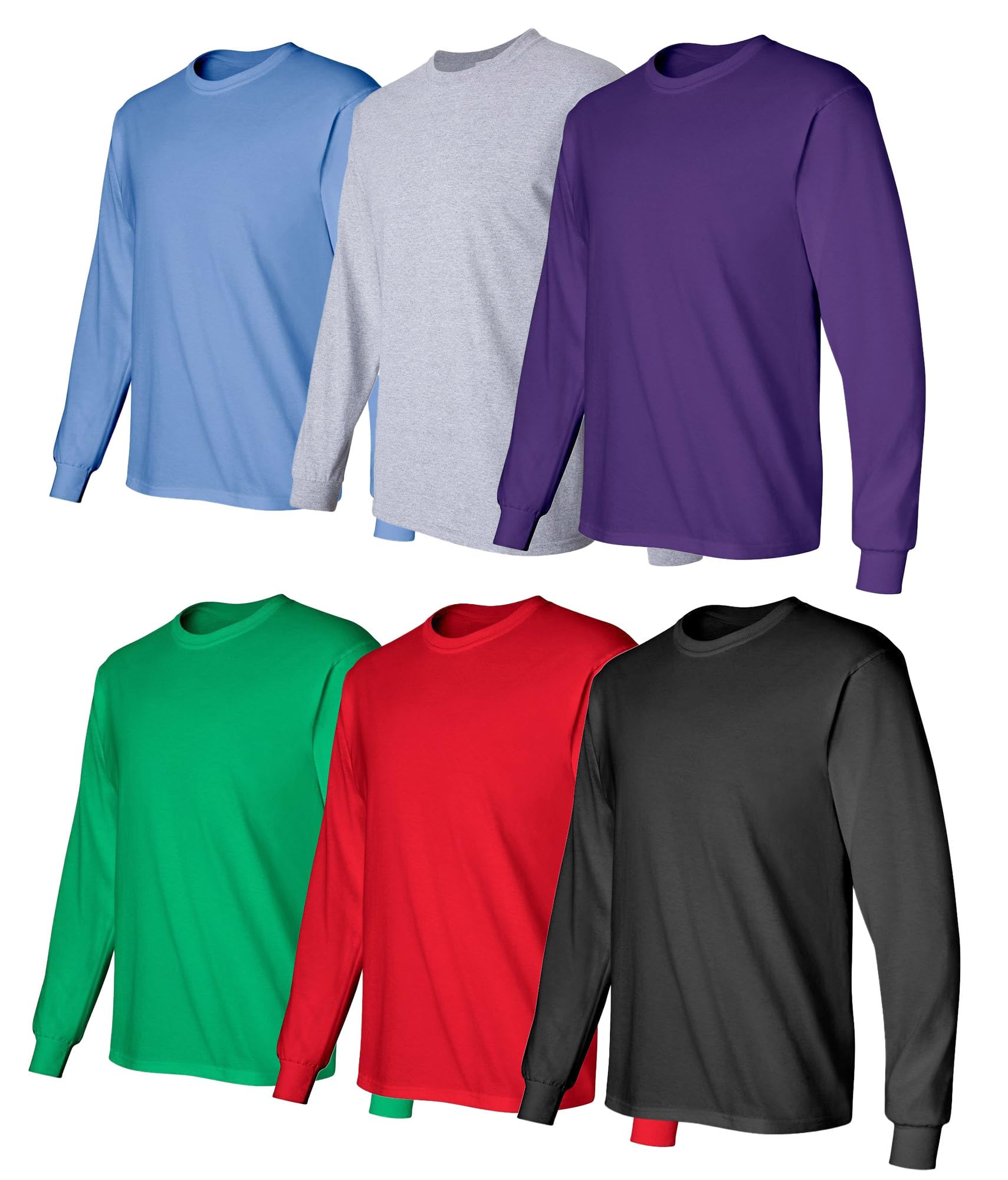 BILLIONHATS 6 Pack Mens Long Sleeve Colorful T-Shirts, 100% Cotton - Crew Neck Bulk Tees for Men, Wholesale Sleeved Tshirt Packs