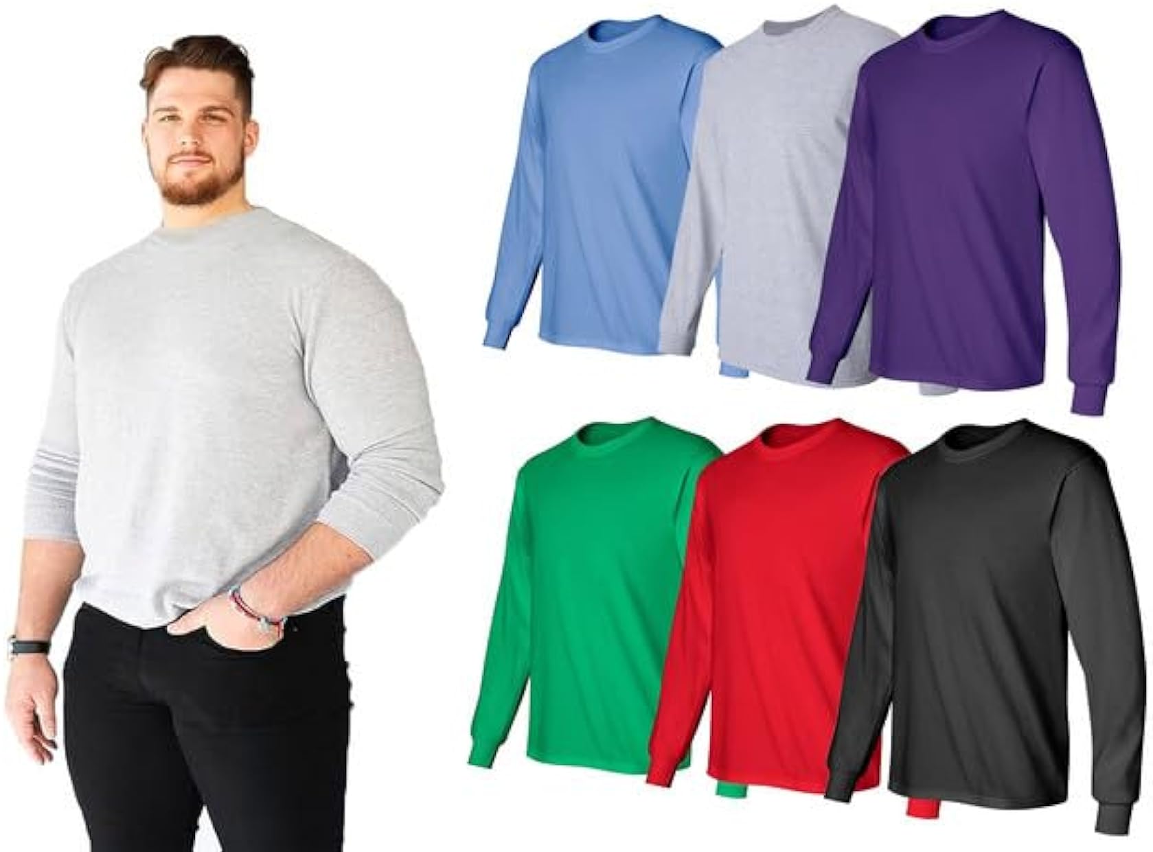 BILLIONHATS 6 Pack Big & Tall Long Sleeve Colorful T-Shirts for Mens 100% Cotton - Crew Neck Bulk Tees Wholesale Packs