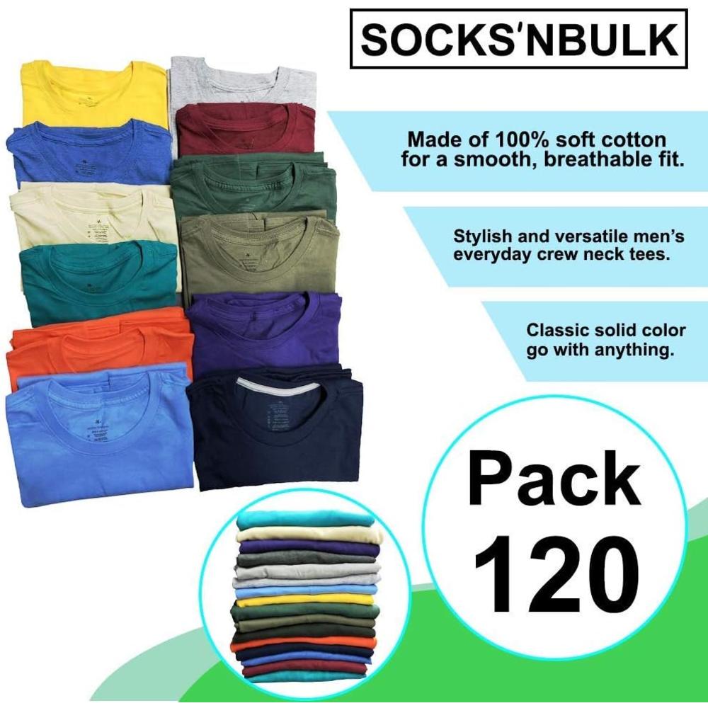 SOCKS'NBULK 120 Pack Mens Cotton Crew Neck Short Sleeve T-Shirts Mix Colors Bulk Wholesale Tshirts Case