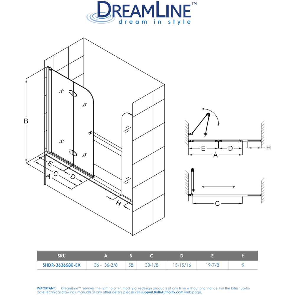 DreamLine SHDR-3636580-EX-01 Chrome Aqua Fold 56 to 60 in. W x 58 in. H Hinged Tub Door