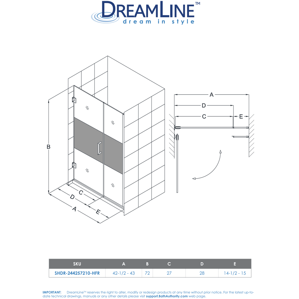 DreamLine SHDR-244257210-04 Unidoor Plus Hinged Shower Door In Brushed Nickel Hardware