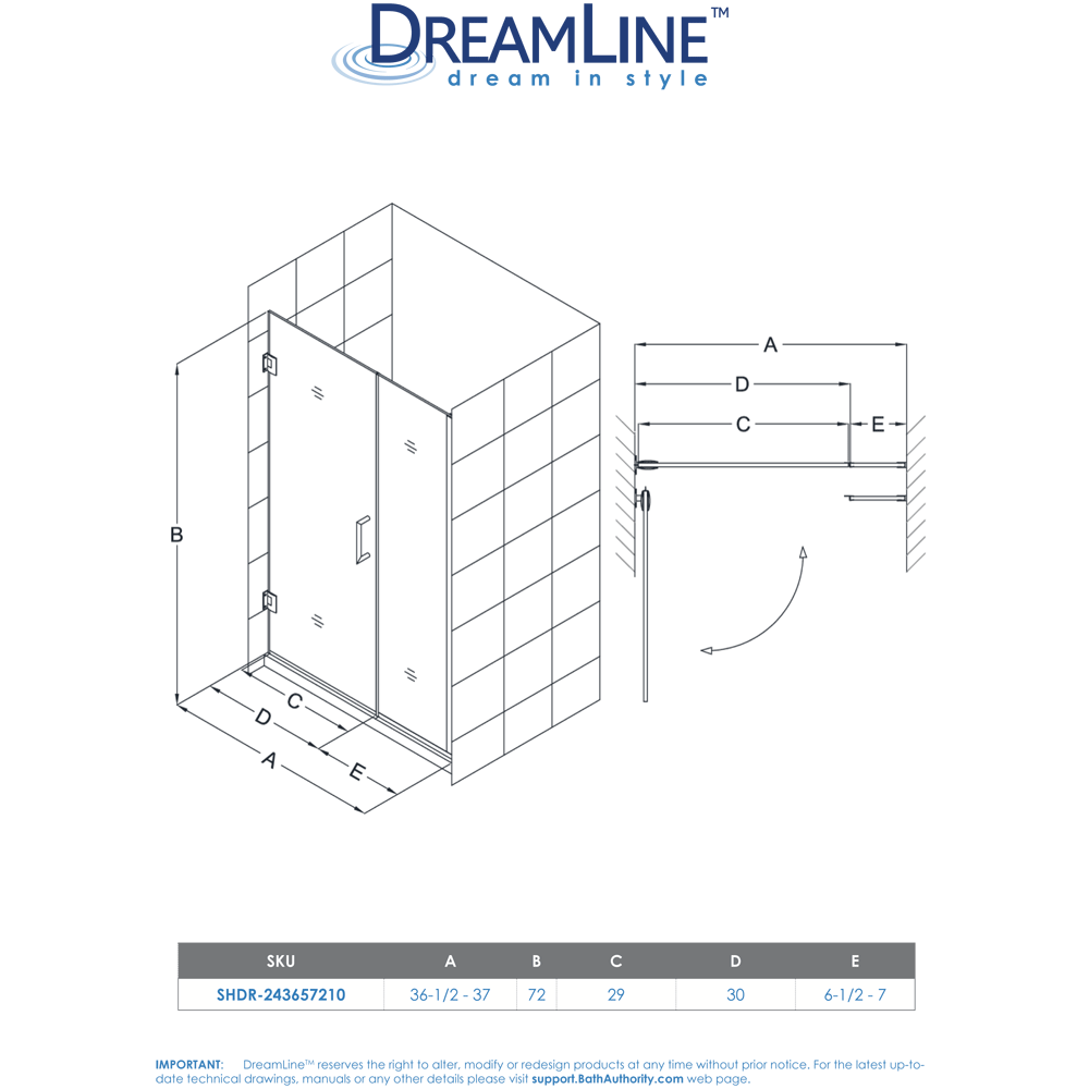 DreamLine SHDR-243657210-04 Unidoor Plus Hinged Shower Door In Brushed Nickel Hardware