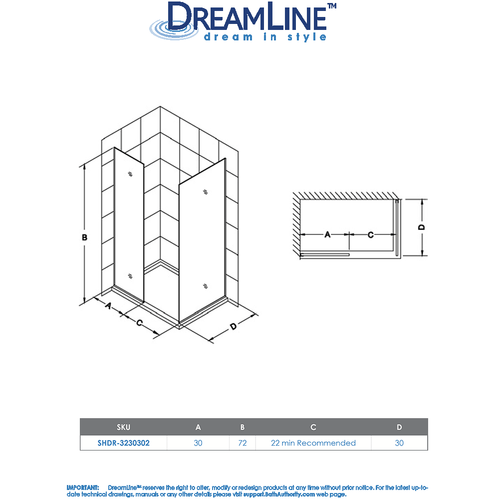 DreamLine SHDR-3230302-04 Brushed Nickel Linea Two Glass Panels 30 x 72 Frameless Shower Door