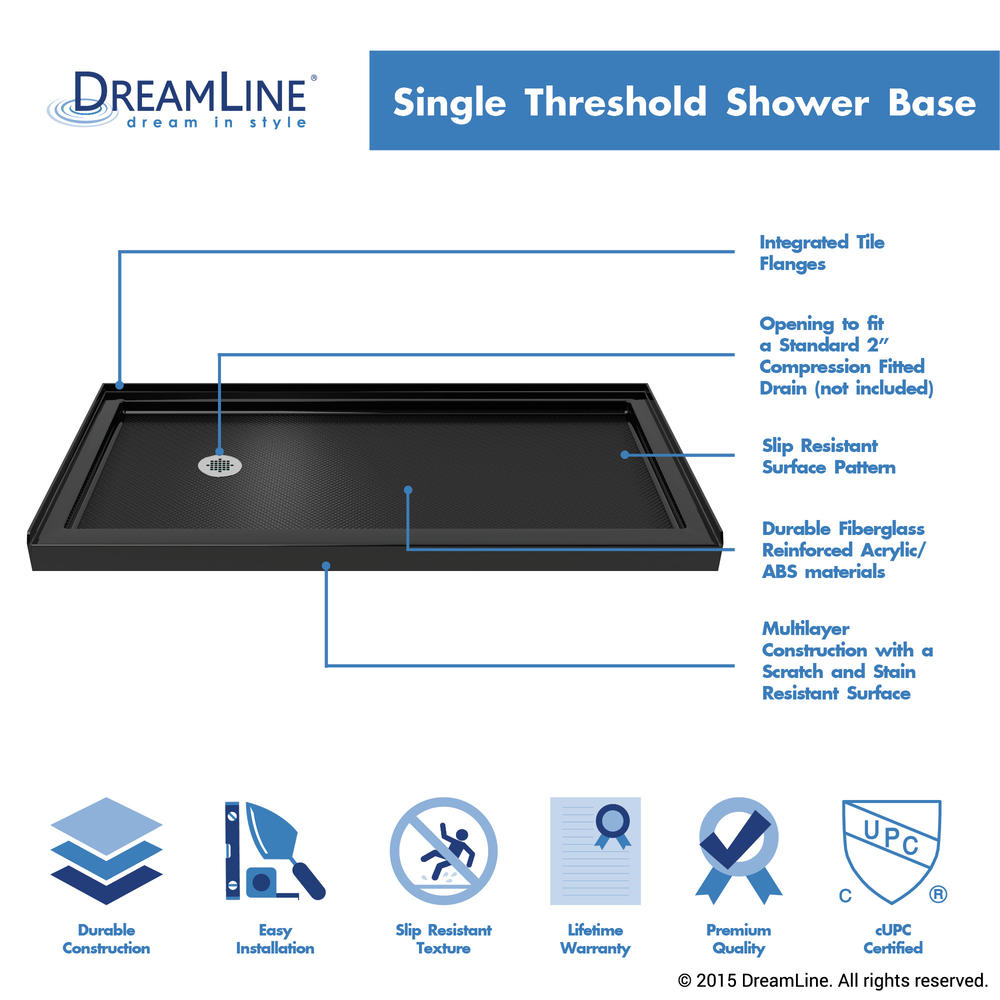 DreamLine DLT-1132601-88 SlimLine 32" by 60" Single Threshold Shower Base in Black Left Hand Drain