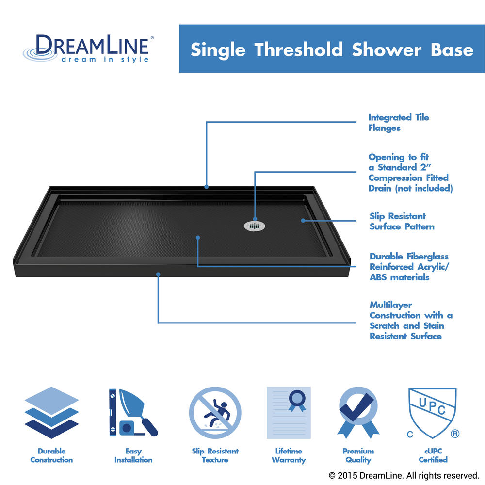 DreamLine DLT-1132602-88 SlimLine 32" by 60" Single Threshold Shower Base in Black Right Hand Drain