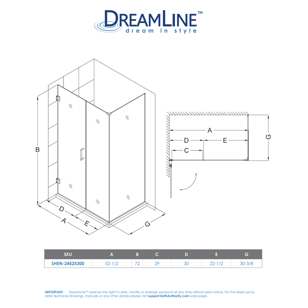 DreamLine SHEN-24525300-04 Unidoor Plus Hinged Shower Enclosure In Brushed Nickel Finish Hardware