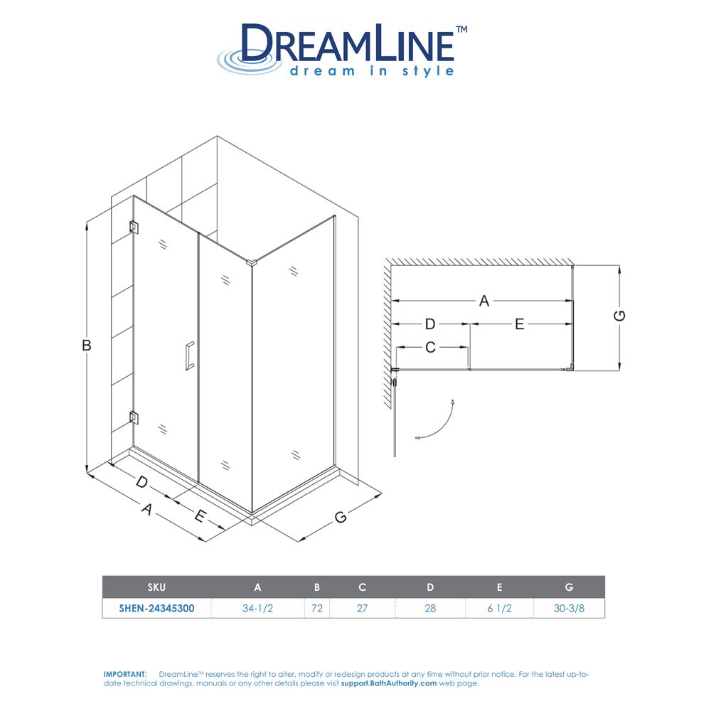 DreamLine SHEN-24345300-01 Chrome Unidoor Plus 34-1/2x 30-3/8 x 72" Hinged Shower Enclosure