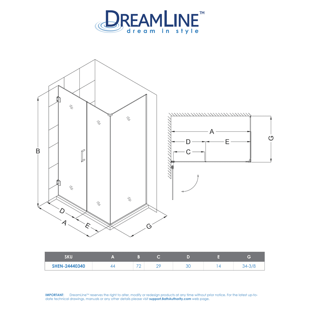 DreamLine SHEN-24440340-01 Unidoor Plus Hinged Shower Enclosure In Chrome Finish Hardware