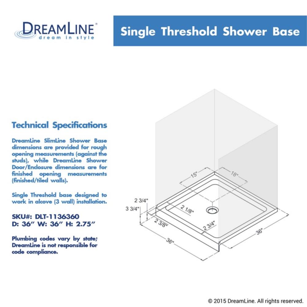 DreamLine DLT-1136360-22 SlimLine 36 Inch by 36 Inch Single Threshold Shower Base In Biscuit Color