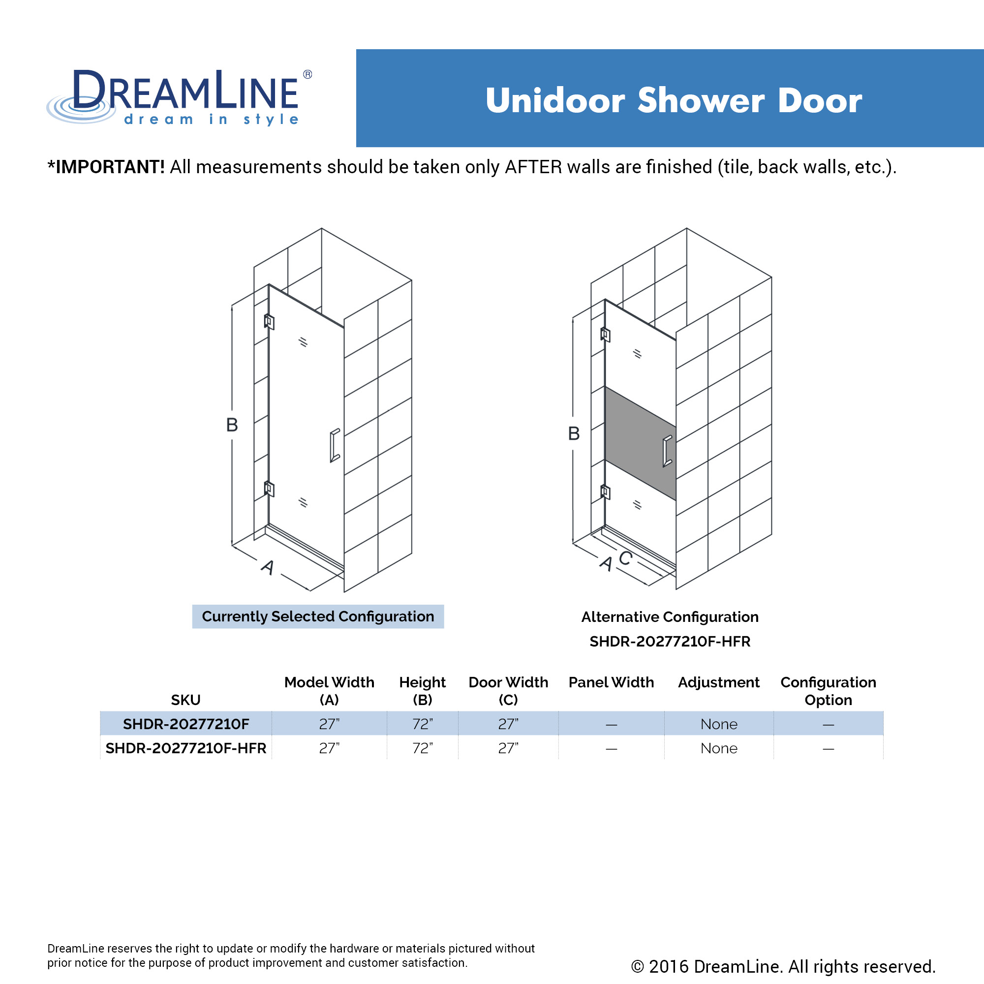 DreamLine SHDR-20277210F-04 Brushed Nickel Frameless Clear Shower Door
