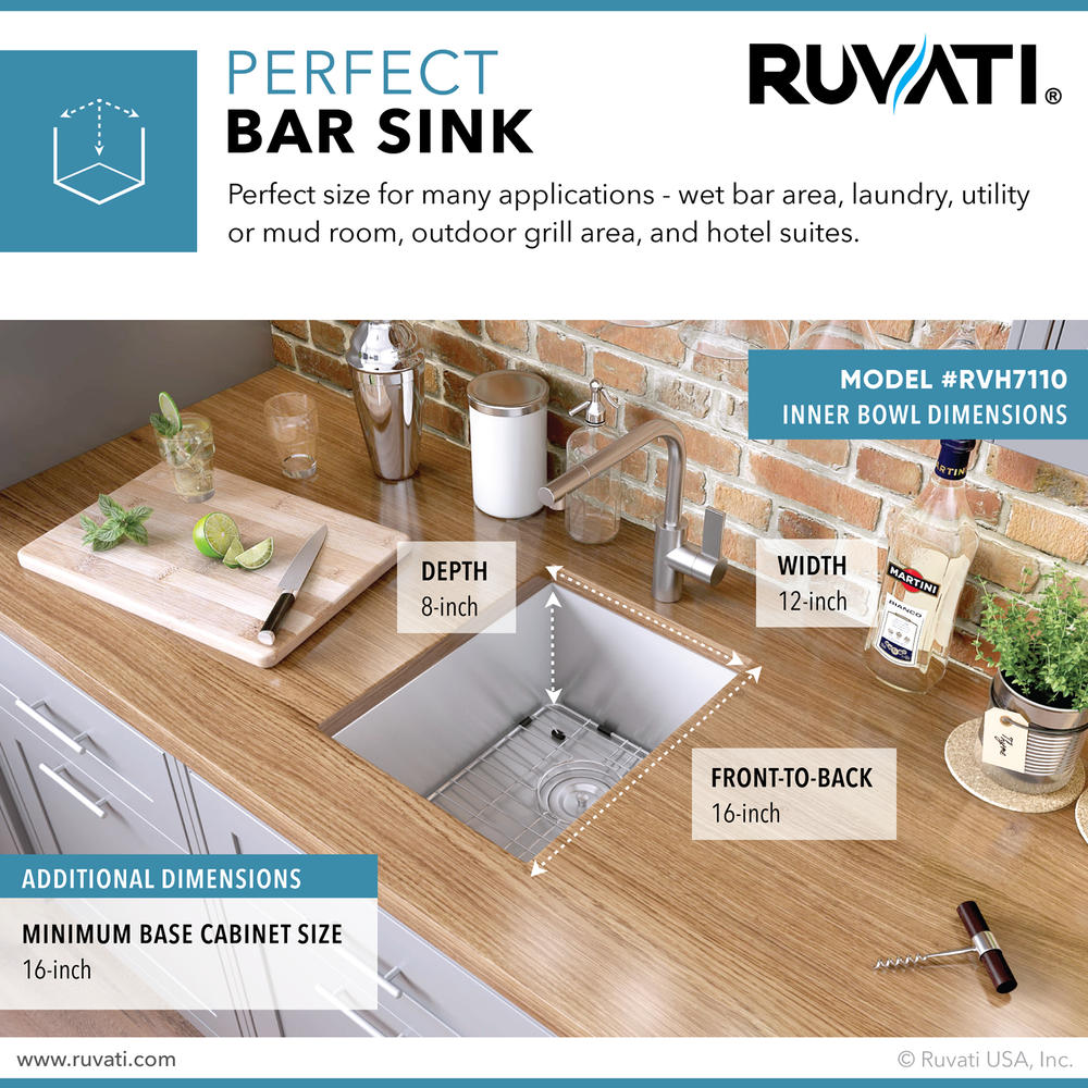Ruvati RVH7110 Undermount 16 Gauge 14" Bar Sink Single Bowl In Stainless Steel