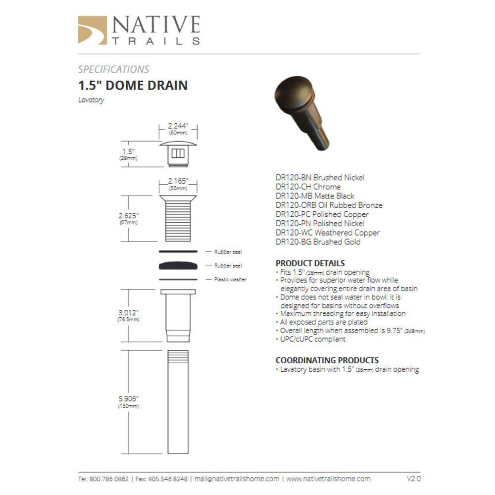 Native Trails DR120-PN 1.5 Inch Bathroom Sink DomeDrain In Polished Nickel
