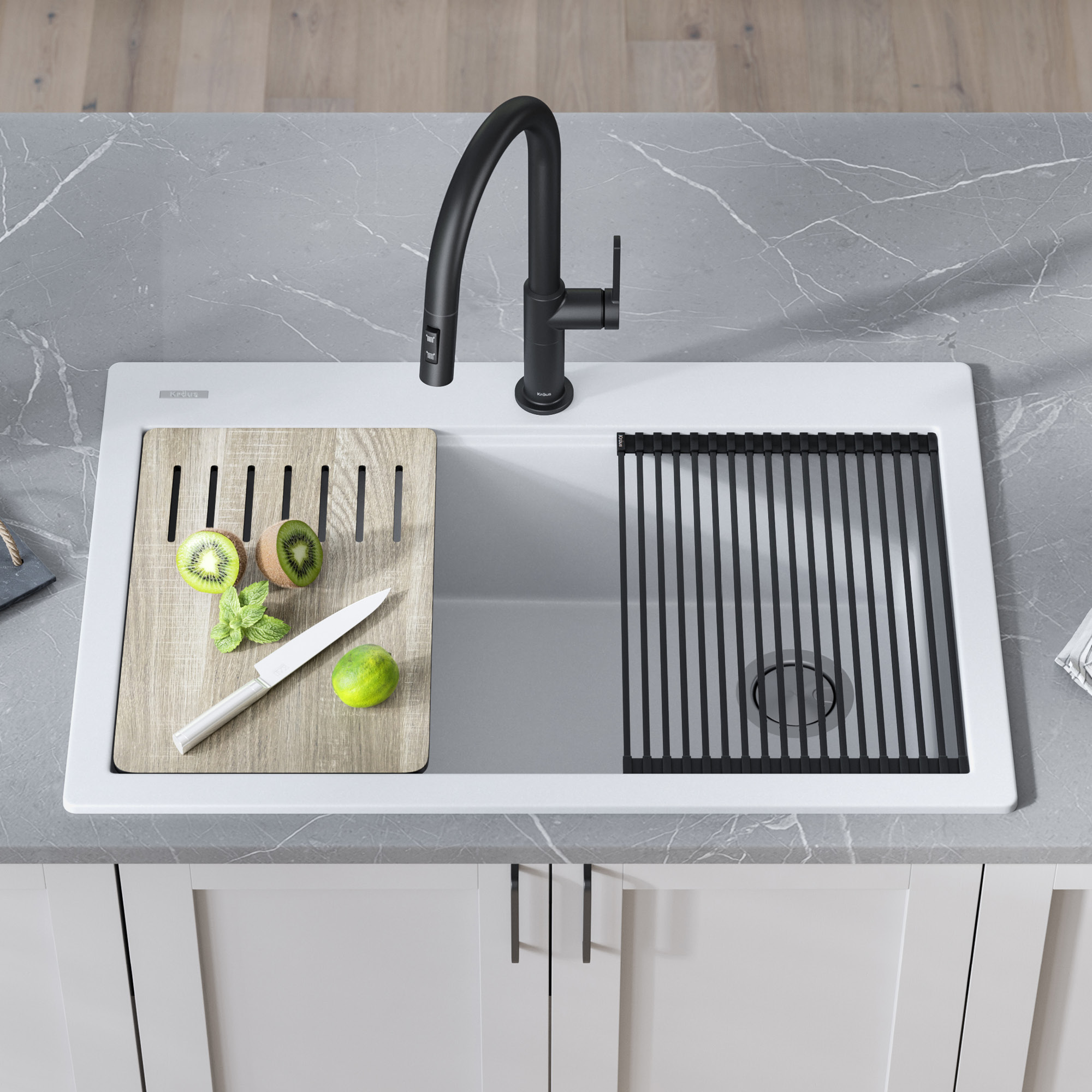 Kraus KGTW1-33WH-100-75MB Workstation Granite Composite Single Bowl Kitchen Sink