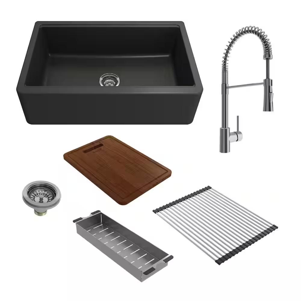 BOCCHI 1600-504-2020SS Apron-Front 33" 1 Bowl Granite Composite Kitchen Sink Kit