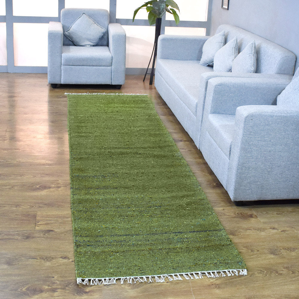 Rugsotic Carpets Hand Woven Flat Weave Skittles Kilim Cotton & Polyester Runner Area Rug Solid Green DCP111