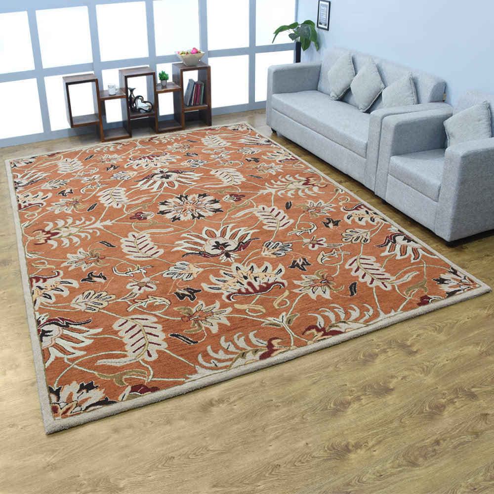 Rugsotic Carpets Hand Tufted Wool Area Rug Floral Orange K00268