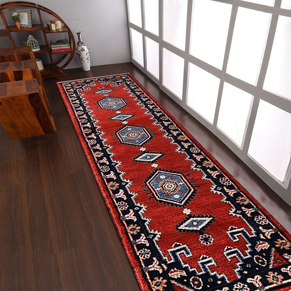 Rugsotic Carpets Hand Knotted Afghan Silk And Wool Runner Area Rug Oriental Dark Orange Navy AF0112