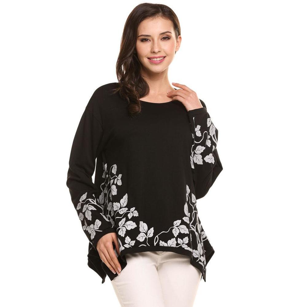 Bestselling Women Long Sleeve Floral Print Irregular Hem Casual Loose T-Shirt