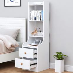 SEJOV White Nightstand, Modern Nightstand with 2 Drawers, 55“ Tall Bedside Table with 4-Tier Open Shelves, Wood Night Stand Storage Ca