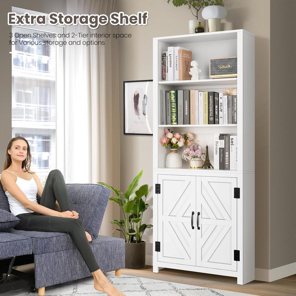 SEJOV 5-Tier Wood Bookcase w/Cabinet Doors,71" Tall Bookshelf w/3-Tier Open Shelves, Floor Adjustable Bookcase&Office Storage Cabinets