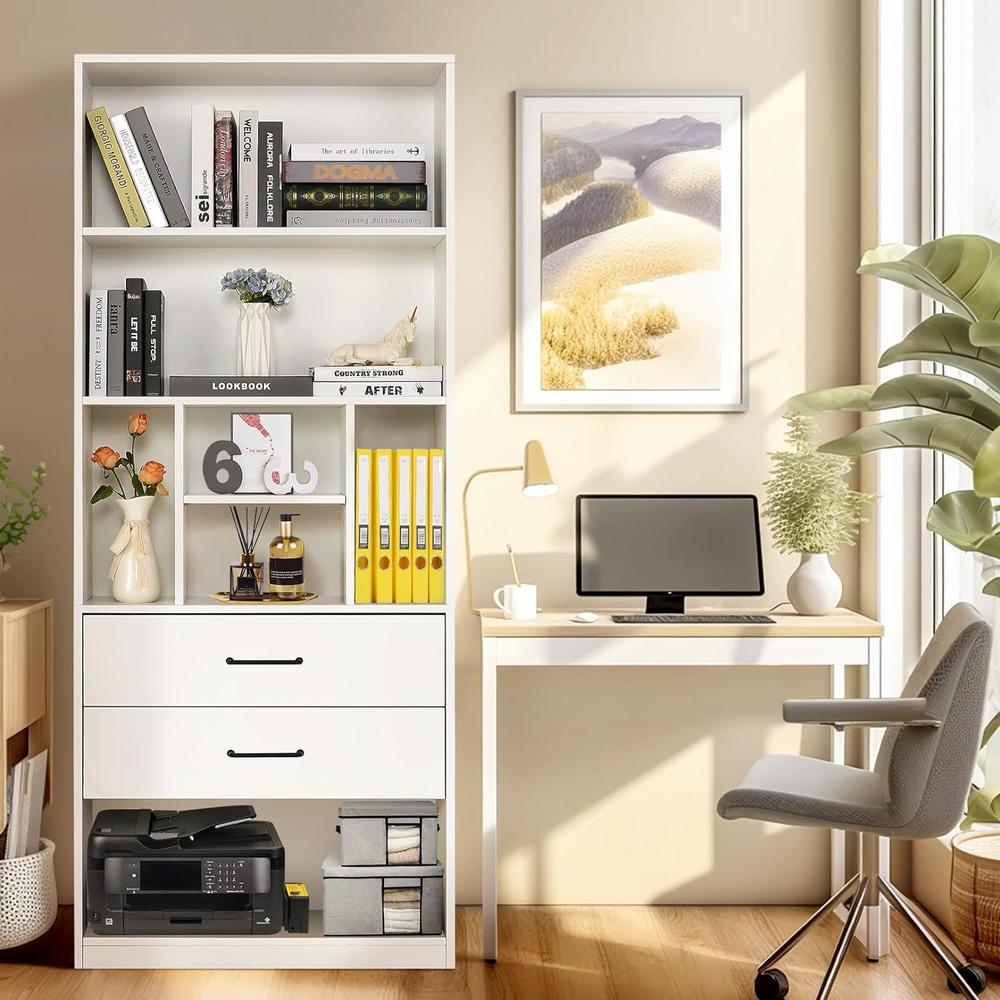 SEJOV 71" Tall White Bookcase w/2 Drawers, Modern Floor Standing Wood Bookshelf w/5-Tier Open Shelves for Bedroom, Living Room, Office