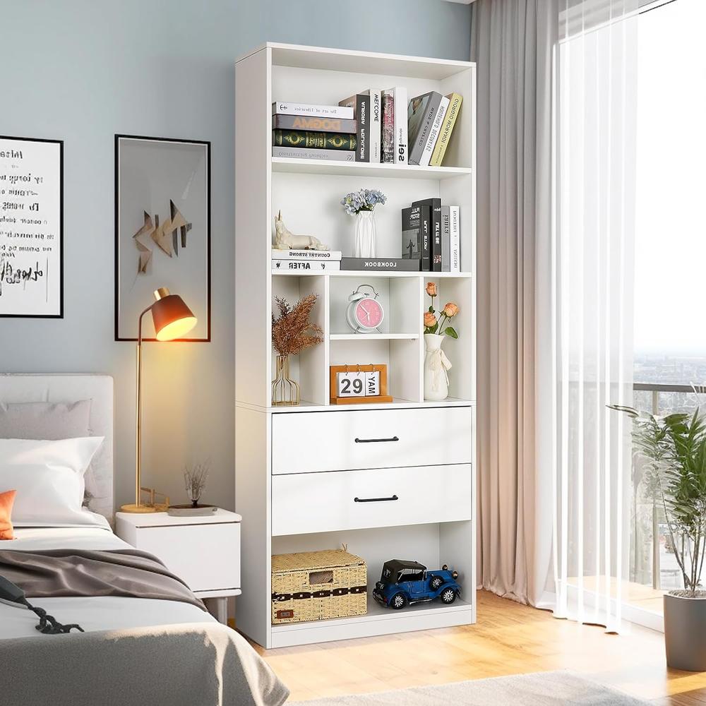 SEJOV 71" Tall White Bookcase w/2 Drawers, Modern Floor Standing Wood Bookshelf w/5-Tier Open Shelves for Bedroom, Living Room, Office