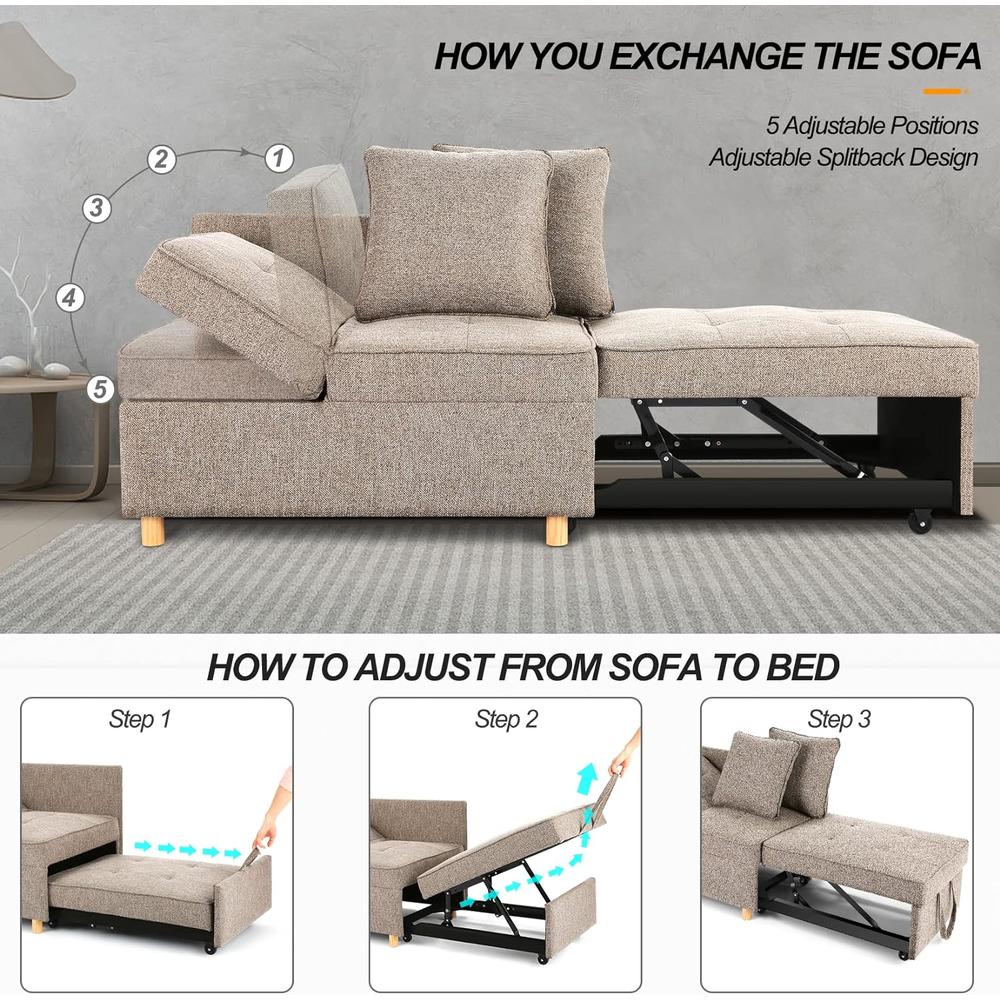 SEJOV Sofa Bed 4-in-1 Convertible Sofa&Couche,3-Seat Linen Fabric loveseat Sofa/Single Recliner w/2 Throw Pillow&5 Adjustable Backrest