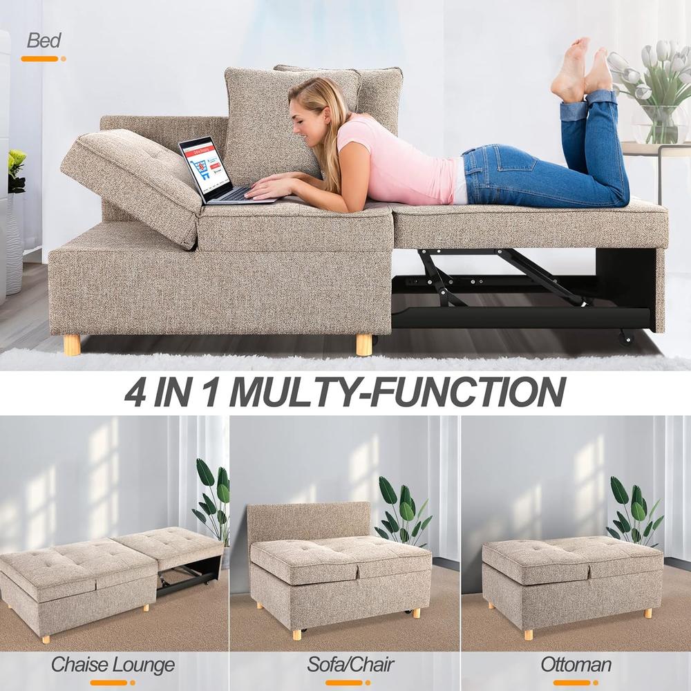 SEJOV Sofa Bed 4-in-1 Convertible Sofa&Couche,3-Seat Linen Fabric loveseat Sofa/Single Recliner w/2 Throw Pillow&5 Adjustable Backrest