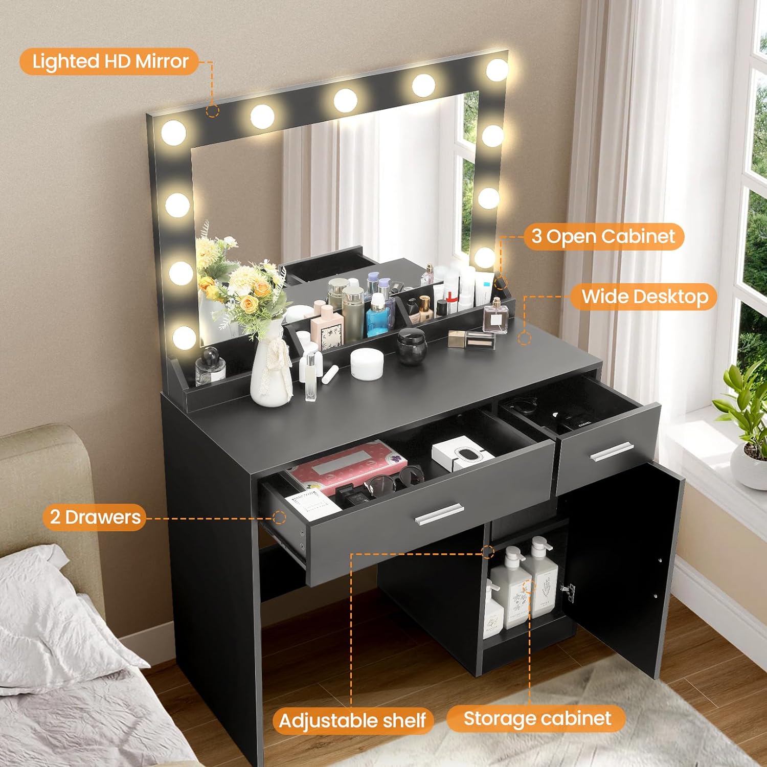 SEJOV Makeup Vanity Table with Large Lighted Mirror&Charging Station,2 Drawers Dressing Table w/3 Lighting Modes Brightness Adjustable